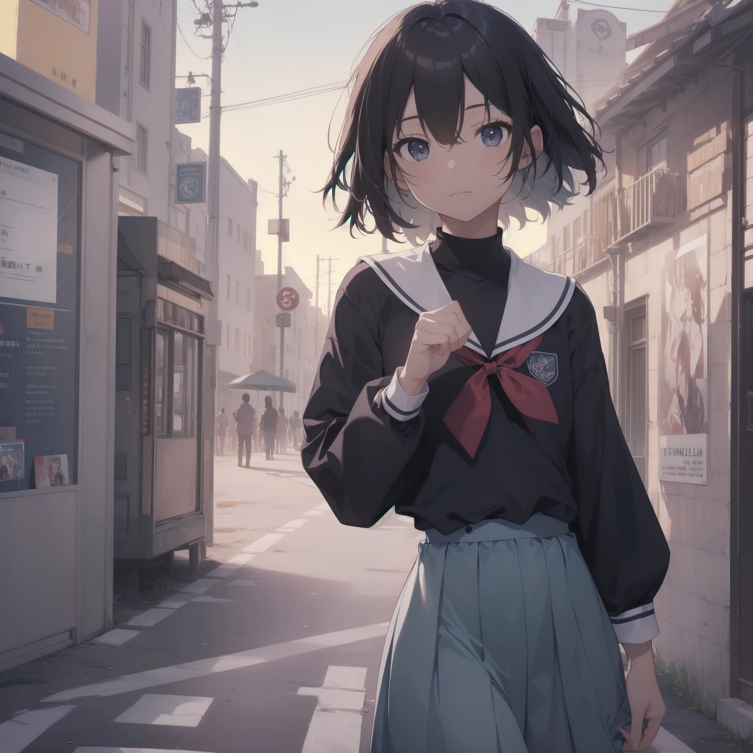 ultra-absurdres-Top quality by artist God, ultra-detailed, high resolution, anime moe artstyle, best anime 8k konachan wallpaper, pixiv contest winner, pool:2810, perfect anatomy,break, 1girl, (Please draw a girl walking sleepily to school alone. )break,(Solo,little female, 13-year-old:1.3),Full limbs, complete fingers,a junior high school student, (very short hair), short cut, flat chest, , small butt, small black eyes, beautiful detailed eyes, well-proportioned iris and pupils, expressive eyes, highres detailed hair, soft expression, salor school_uniform, sailor collar, serahuku, bow, pleated skirt,(Detailed Lighting), (Detailed background), in the School commute route. break,super detailed skin, Best cinematic lighting powered by famous artist, 8k,beauty illustration,photoshop_(medium),very aesthetic,break,((artist:yuureidoushi_(yuurei6214) )), artist:clamp ,artist:carnelian ,artist:kantoku ,