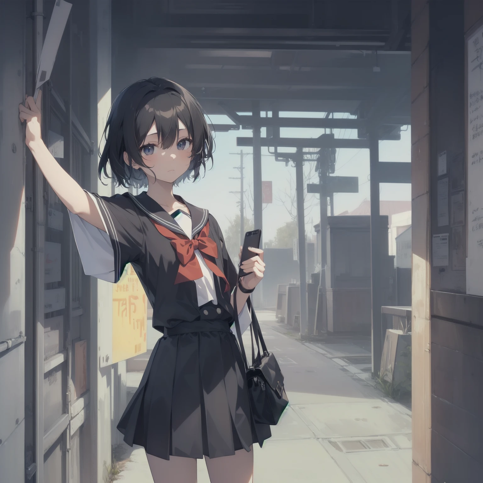ultra-absurdres-Top quality by artist God, ultra-detailed, high resolution, anime moe artstyle, best anime 8k konachan wallpaper, pixiv contest winner, pool:2810, perfect anatomy,break, 1girl, (Please draw a girl walking sleepily to school alone. )break,(Solo,little female, 13-year-old:1.3),Full limbs, complete fingers,a junior high school student, (very short hair), short cut, flat chest, , small butt, small black eyes, beautiful detailed eyes, well-proportioned iris and pupils, expressive eyes, highres detailed hair, soft expression, salor school_uniform, sailor collar, serahuku, bow, pleated skirt,(Detailed Lighting), (Detailed background), in the School commute route. break,super detailed skin, Best cinematic lighting powered by famous artist, 8k,beauty illustration,photoshop_(medium),very aesthetic,break,((artist:yuureidoushi_(yuurei6214) )), artist:clamp ,artist:carnelian ,artist:kantoku ,
