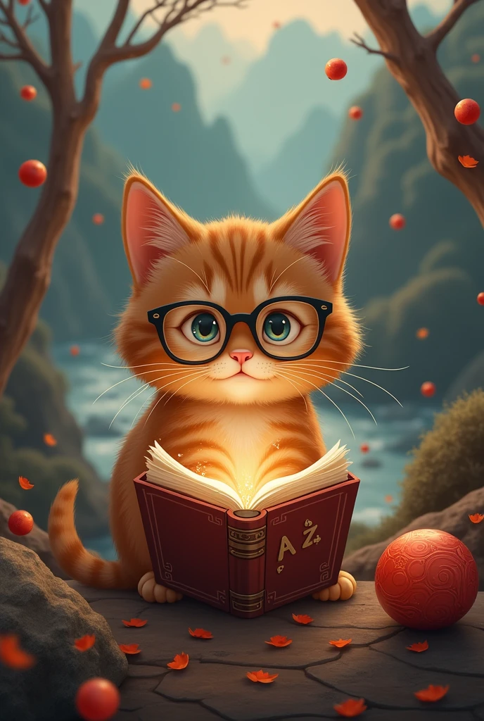 brown cat reading seriously,Wearing glasses,There is a treasure chest next to it,A mathematical formula appears in the treasure chest,background chinese style,Mountains and rivers,There is a treasure chest in the background,astronomical formula appears