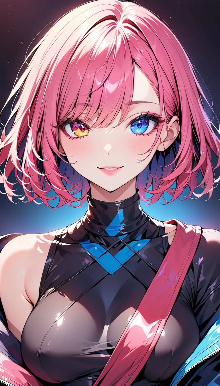 (Highest quality:1.2, City Pop Style, Very detailed, Latest, Vibrant, High Contrast,masterpiece), 1 girl, solo, Anime Style, Heterochromia iridis, Hollow Eyes, Half Eye, Lips pink, lip, smile, Cyberpunk makeup, Long bangs on one side, Asymmetrical Short Hair, (Colorful Hair), Bobcut, pastel colour, 1980s style, ((Retro, Vintage, Plain background))