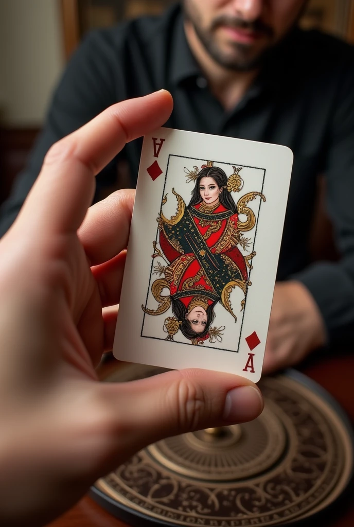 masterpiece, Highest quality, Very detailed, (One girl),Beautiful attention to detail, （Hold a playing card in your hand and show it to the audience）、（Same size playing cards）:1.2、table、