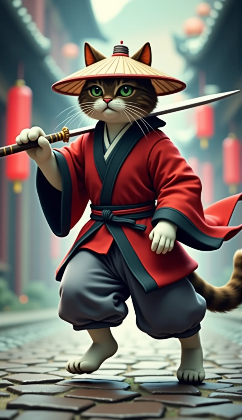 Create an image of a cat standing upright in traditional East Asian attire ( red ), wearing a wide bamboo hat on the head, running pose