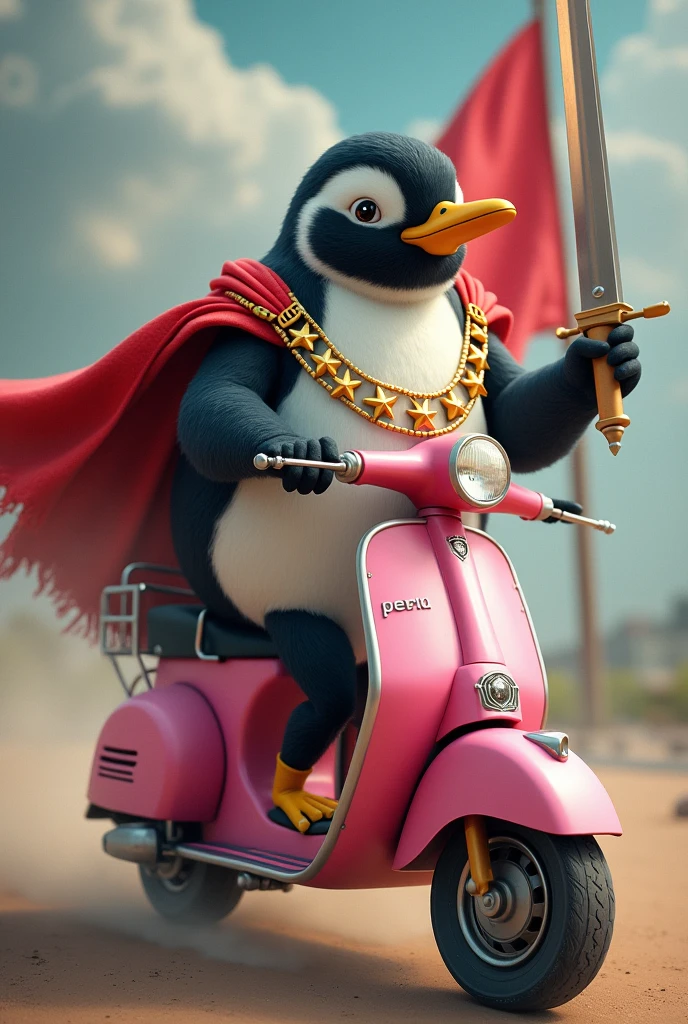 Penguin with his pink scooter with a sword and a star-spangled shield, necklace with stars and the flag of Peru in the background