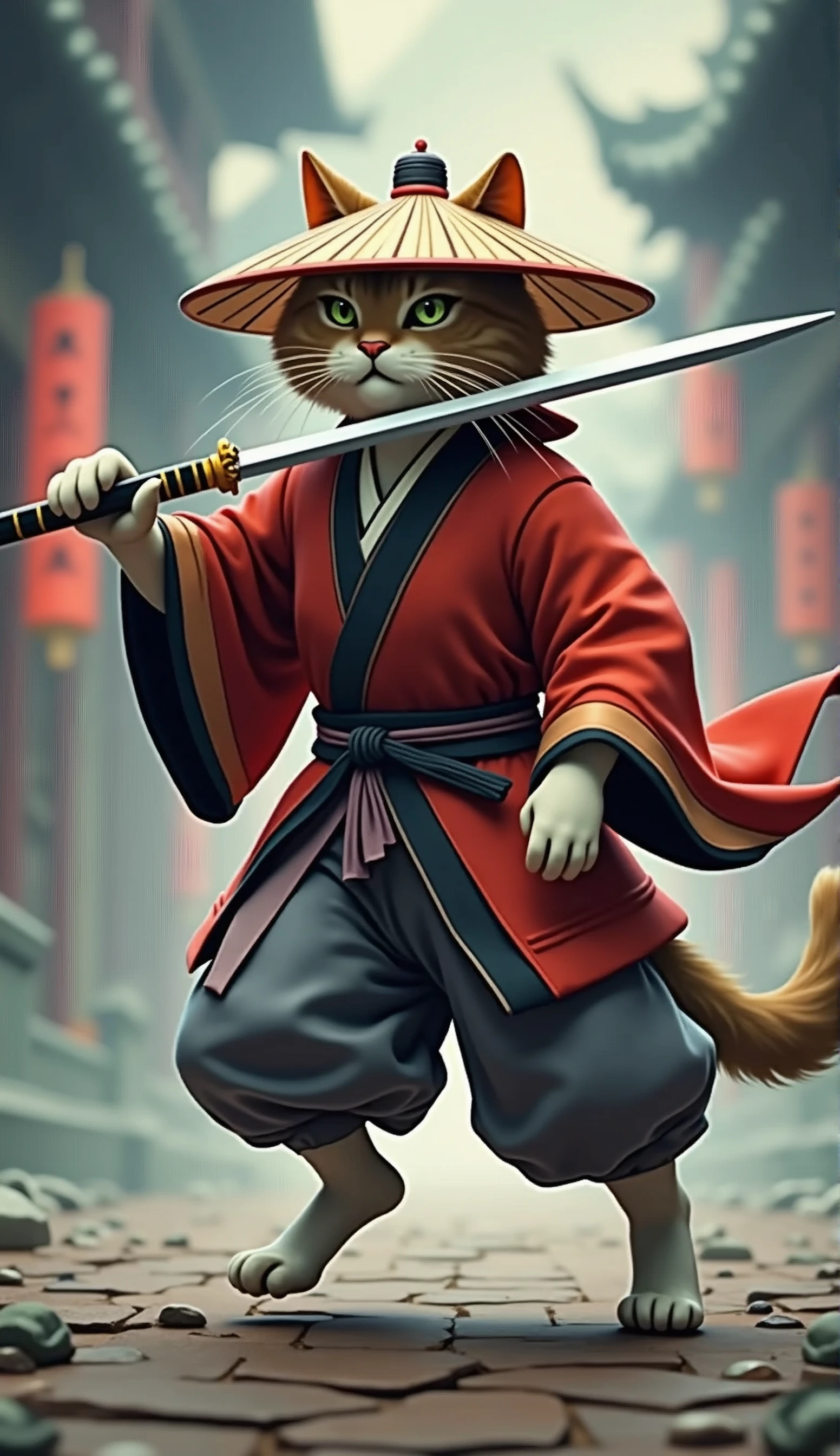 Create an image of a cat standing upright in traditional East Asian attire ( red ), wearing a wide bamboo hat on the head, running pose