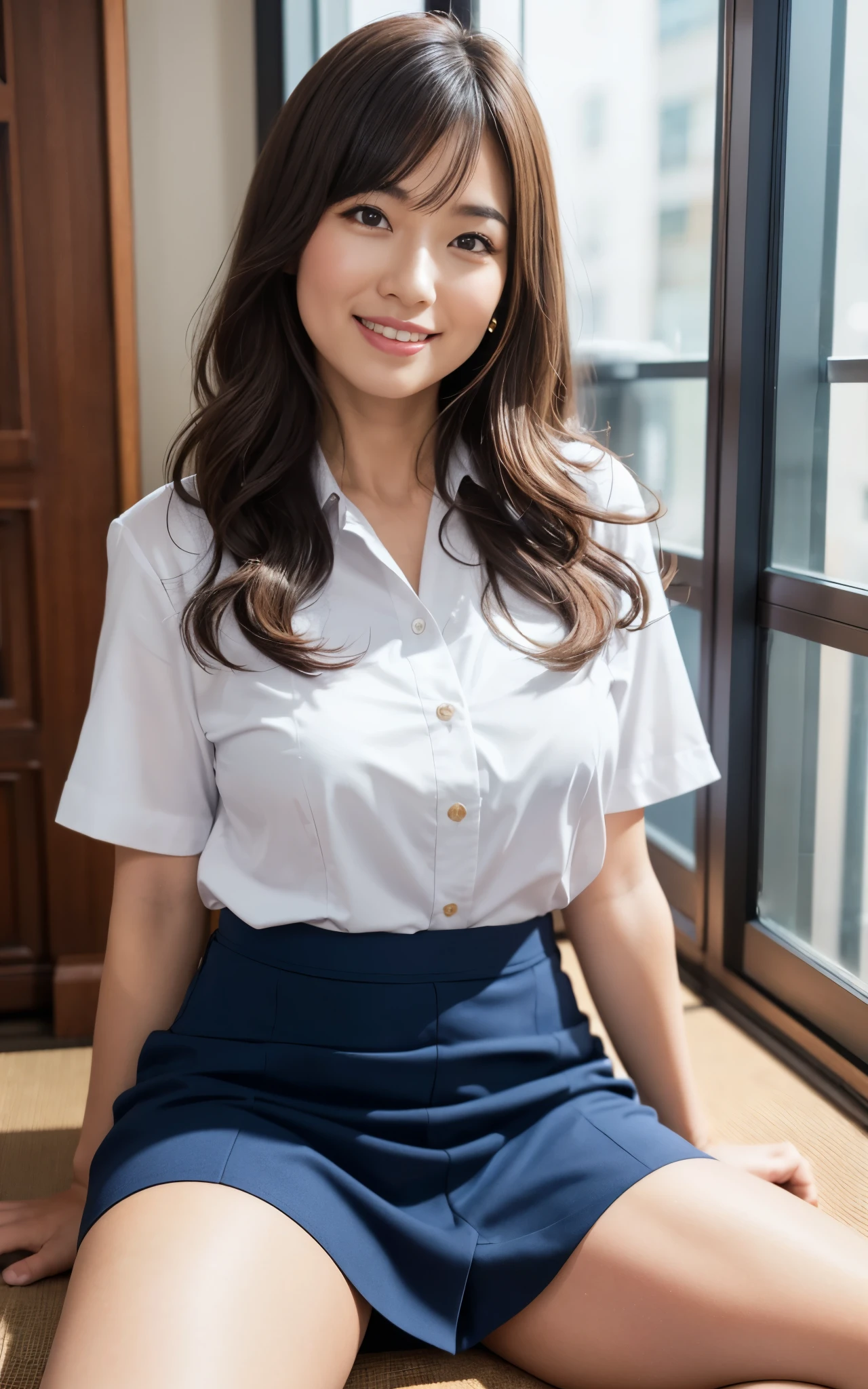 ((Brown Skin, Mature)), (Japan business lady, in navy blue business uniform:1.3, mini skirt), whole body:1.3, chubby shape:0.1, hightquality, ultra high resolution, (Photorealsitic:1.4), Japanese, (Beautiful:1.1), (One Woman:1.5), (45 year old:1.3), (photorealistic photos:1.2), in 8K, (solo, one person:1.5), A smile, Behind the photo, Bangs straight, A big smile, wavy hair, Thick thighs,Sitting, Urban area, armpit