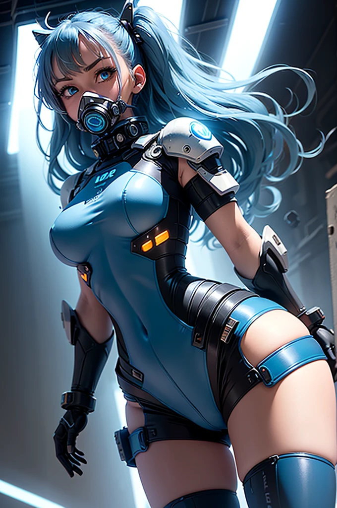 View from below angle from below girl mecha half cyborg, modifications, She has a curvy figure but a narrow waist., she has long blue hair, with blue eyes, with a gas mask on his face, cybernetic suit blue, costume parts with blue lights and LEDs, a multitude of glowing blue lines and lights, hands prosthetics, gorgeous body, short sports shorts that highlight her big wide hips, small breasts but they are covered by a mechanical suit, flat horizon photo, the background of the image is blue sky, clouds and lights and glare in large quantities, and also blue fog and smoke