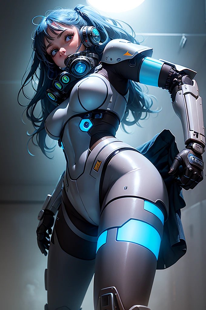 View from below angle from below girl mecha half cyborg, modifications, She has a curvy figure but a narrow waist., she has long blue hair, with blue eyes, with a gas mask on his face, cybernetic suit blue, costume parts with blue lights and LEDs, a multitude of glowing blue lines and lights, hands prosthetics, gorgeous body, short sports shorts that highlight her big wide hips, small breasts but they are covered by a mechanical suit, flat horizon photo, the background of the image is blue sky, clouds and lights and glare in large quantities, and also blue fog and smoke