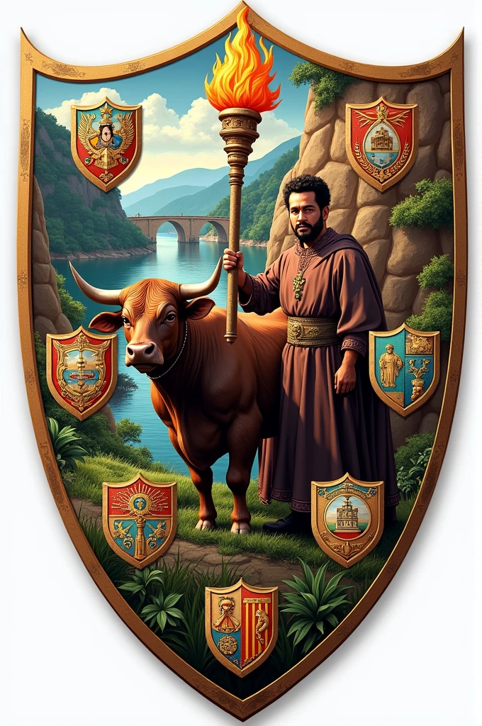 The Caracuaro shield is made up of: A bull, representing the livestock economic activity; Morelos, illustrious man and priest who served in this place; Curated, place where the priest Morelos exercised his priesthood; River and Bridge, representative monument of Carácuaro; Torch, fire of freedom; Coats of arms, neighborhoods of Carácuaro (San Isidro, San Agustin, guadalupe, plan, Balceadero and Center).