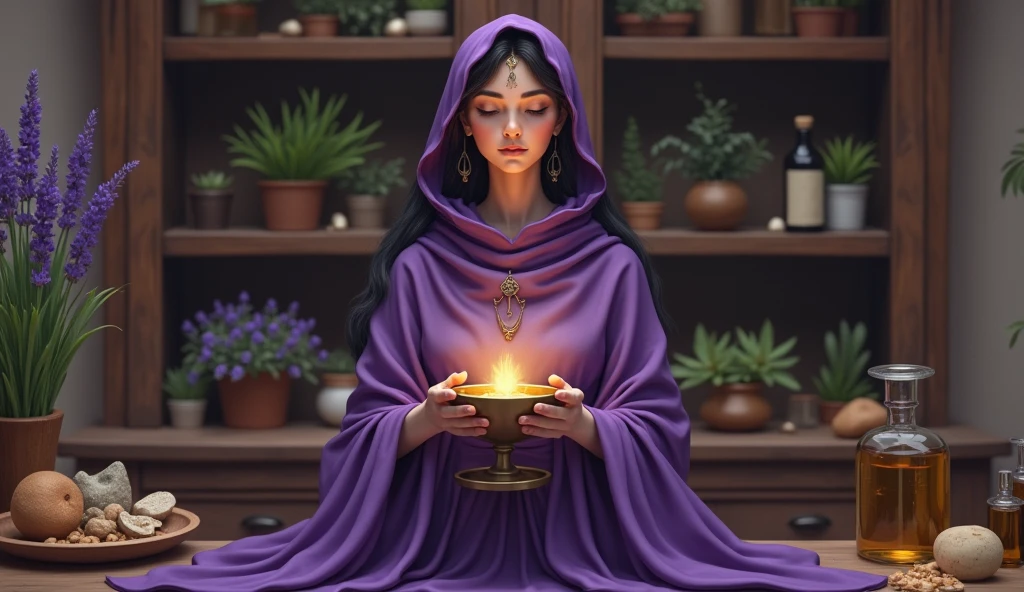 mulher com capa violeta de sacerdotisa segurando bowl de agua com essential oils, convey depth, in the background a cupboard with various aromatic herbs, essential oils, Lavender, rue, Rosemon