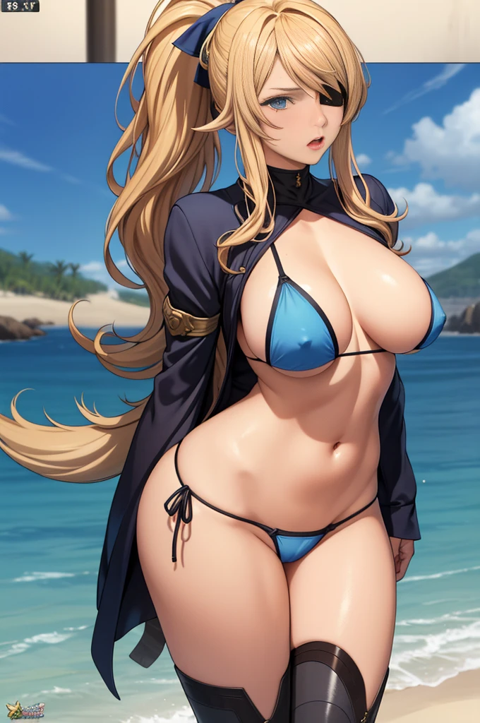 Browsing Caution, Highest quality, Official Art, masterpiece, Fabric Shading, High resolution, Very detailed, colorful, Best details, (Adult,19 years old, One Girl, alone, Final Fantasy 12, Asheria, transformation, Female dog, Long Hair, Curly Hair, ponytail, Eyepatch bikini, Large Breasts, skinny, blue eyes, Public indecency, Beach:1.5, derogatory,