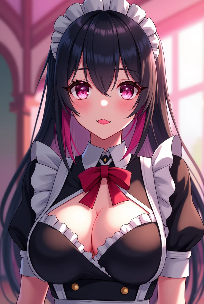 1girl, aster nemesis, ((dark-skinned)) , black hair, very long hair, yellow eyes, , twin tails, looking below, , , tanned body,, ,,,,,(spoken heart),(((maid costume))),miniskirt,thighhighs,,,smile,((huge breasts)),garden,nsfw,bikini top,l,(((lift skirt,panties)))