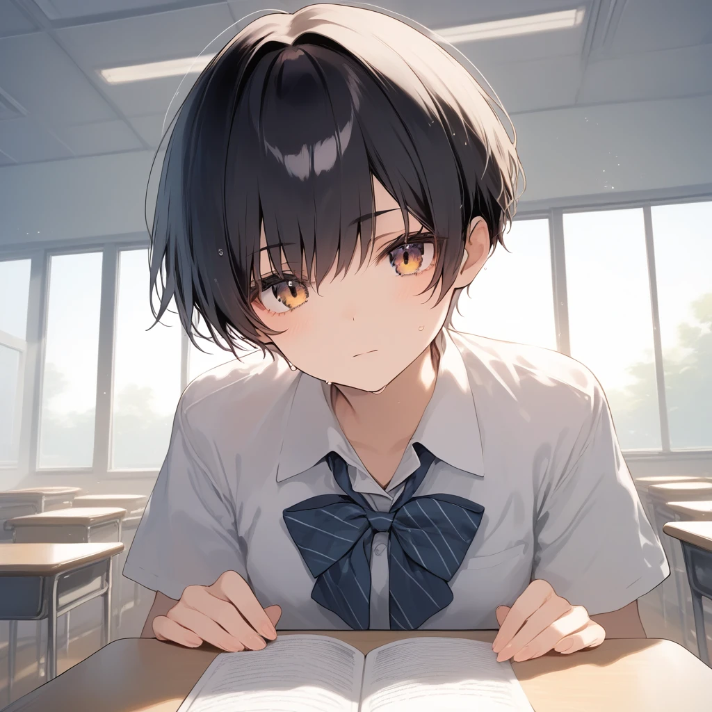 score_9, score_8_up, score_7_up, source_anime, best quality, masterpiece, official art, absurdres, highres, ultra-detailed,waifu2x,JAV Cover,break,1girl, tomboy, idol girl, school uniform, very short hair, pixie cut, small breasts, slender, beautiful detailed eyes, expressionless, sweat, sleepily, (disgust:0.3), sexual appeal, school classroom, school desk, pov, indoors, break,(clear line illustration:1.2), super detailed skin, shiny skin, very high resolution, very aesthetic, Best sexual lighting powered by famous artist, 4k, 8k, 16k, cute picture, beauty illustration,photoshop_(medium),,(Detailed Lighting),best anime 8k konachan wallpaper, pixiv contest winner,