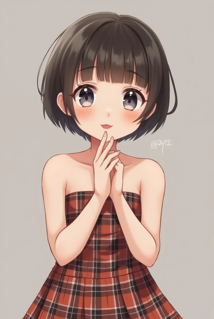 (short haircut)), adorable, 1 girl, (way a way), 8 years, baby face, happy, Half-length portrait, (Face details: 1), (Eye details: 1), ((tiny breasts)). ((Short plaid pleated skirt)), ((Red lips)), ((Strapless))