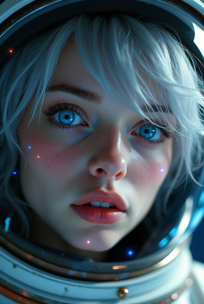 (Close-up of a better masterpiece:1.5)0.9], (Space and astronauts:1.2) (Messy silver hair:1.1) (Heterochromia xanthochromia and blue eyes:1.2) (Space Helmet:1.0) (Colored stars in the eyes:1.0) (A radiant glow:1.1) (thick lips:0.9)