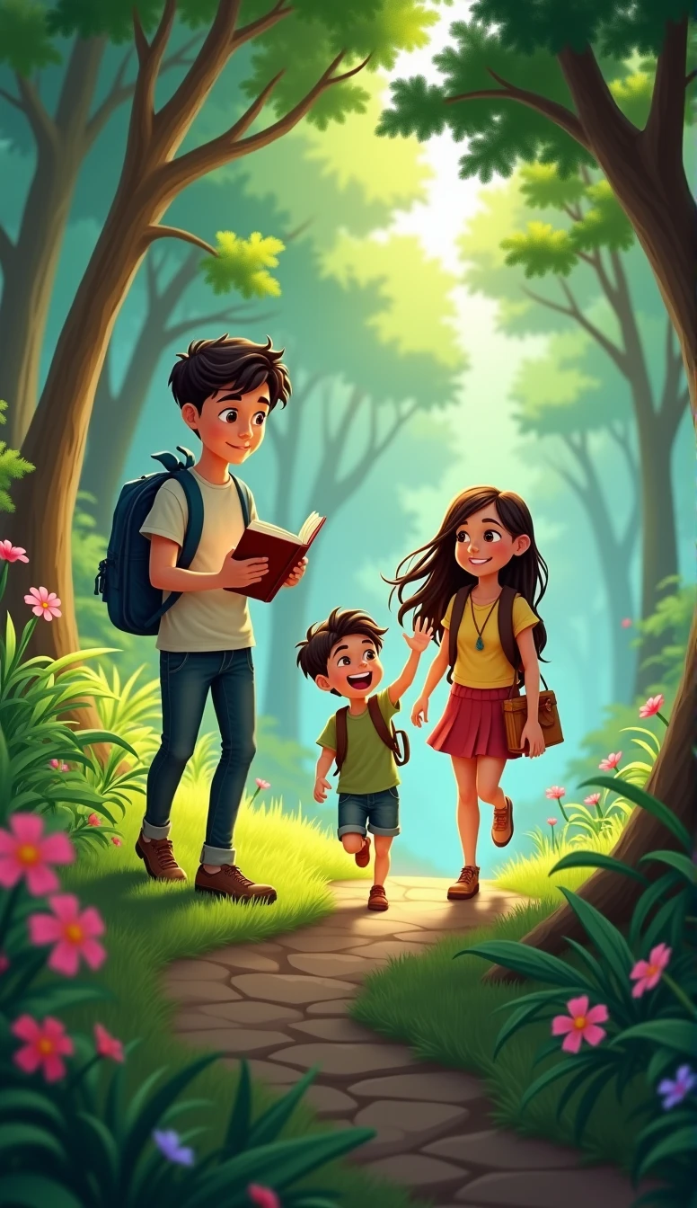 create an image as follows, the three brothers walking through the forest, laughing and chatting animatedly. WHOM, the eldest, holds a book, Bela, the middle sister, is holding a sketchbook, it's Sam, The youngest, jumps between them with energy.