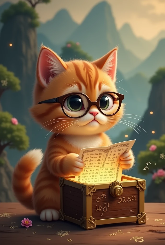 brown cat reading seriously,Wearing thin-rimmed glasses,There is a treasure chest next to the cat,The treasure chest reveals mathematical formulas,background chinese style,Mountains and rivers,There is a treasure chest in the background,astronomical formula appears