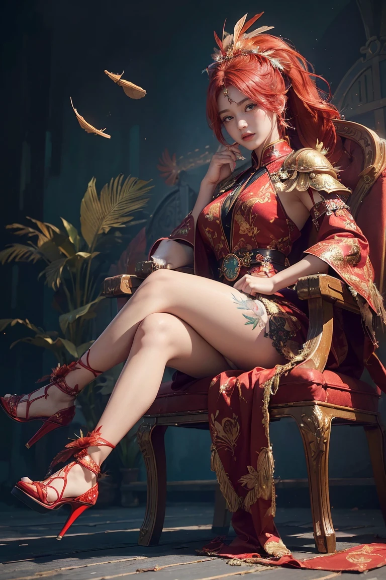 ( Absurdly , high quality , Very detailed,View Photographer)、(ponytail、Red Hair)、Phoenix Queen、(((Feather hair accessory)))、Beautifully detailed phoenix-patterned dress and armor、Phoenix-inspired costume、Phoenix feathers and tail、((Tattoo))、Queen of Queens、(masterpiece, 最high quality, 最high quality, Official Art, Beauty and aesthetics: 1.2), (One girl: 1.3)、((Fantasy castle background))、(((High heels)))、(((Cute pose sitting on a chair)))
