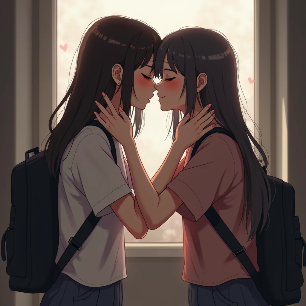 two student girls are deeply in love with each other, kiss