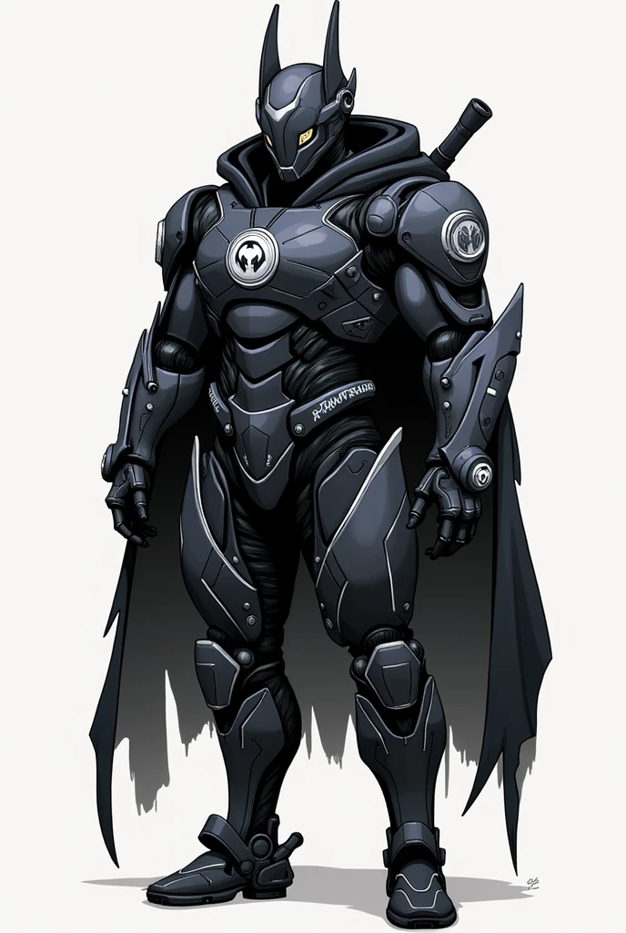 Digital illustration of a futuristic, armored humanoid figure. The subject is dressed in a highly detailed, dark, and bulky exosuit with intricate mechanical components and white accents. The suit features various textures and layers, including a cloak-like garment with angular, geometric shapes. The figure's head is adorned with a helmet that has two antenna-like protrusions and a visor, giving it a robotic appearance. The suit has several logos and text in white, including a prominent circular emblem on the chest and arm. The overall design is sleek and modern, with a strong emphasis on technology and advanced materials.