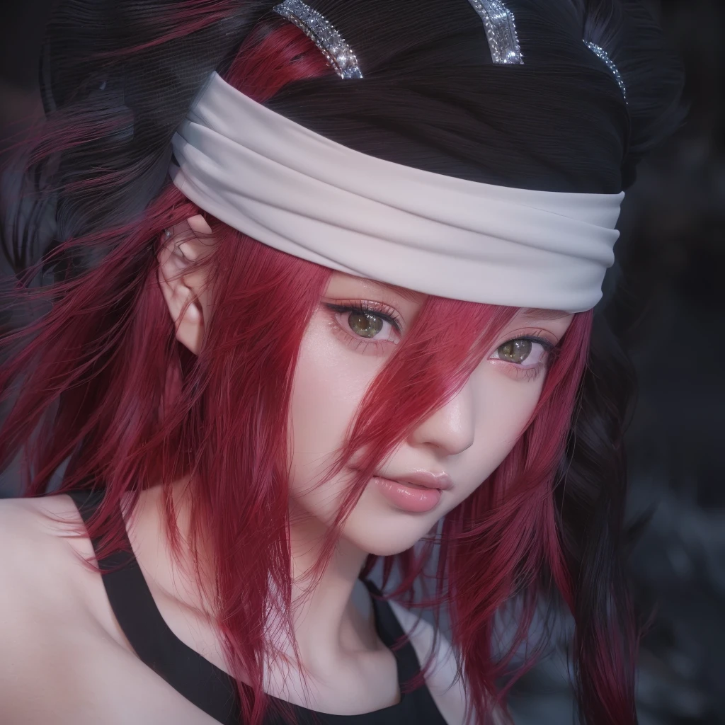 Red hair and black top、Arabian woman wearing a white headband, Photorealistic Animation girl render, 8K Portrait Rendering, 3D Anime Real, Ultra realistic anime, Photorealistic Animation, Yaoi Kasuma, Close-up of a young anime girl, Also, Haruno sakura, [ 4K Photorealism ]!!, 8K CG Rendering, Anime CG