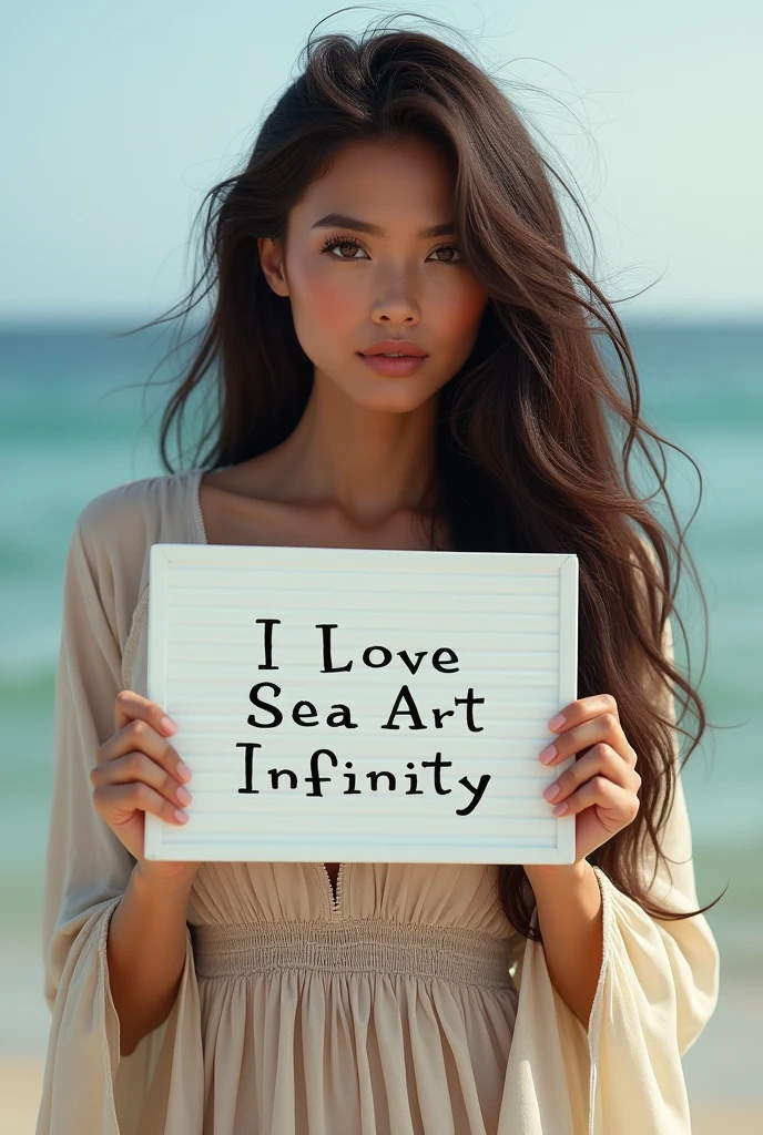 Beautiful girl with wavy long hair, bohemian dress, holding a white board with text "I Love Seaart Infinity" and showing it to the viewer