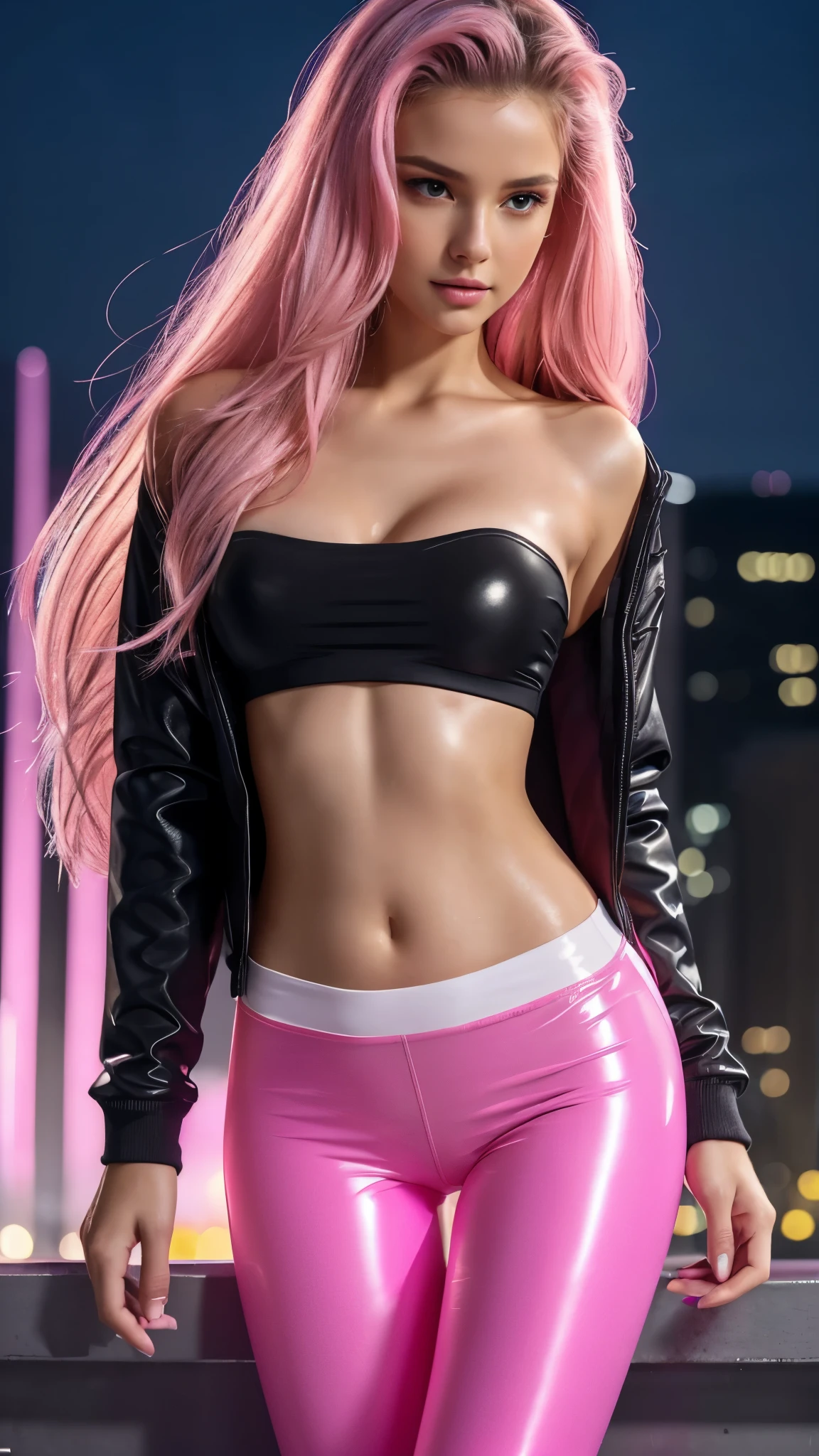 A beautyful teen, 14 years old, (very long hair, wet hair), (white top, sweetheart top, strapless top), (pink leggings, leggings down body), (small jacket, black jacket, openn jacket), standing, (close set breasts, breasts up, juvenile breasts), belly button, very thin waist, very big hip, (very big buttock, beautyful buttock, buttock up), open legs, ((perfect face, amazing pretty face, the most beautyful face ever seen, definied face, detailed face, realistic face, hyper-realistic face, simetrycal face, face to viewers, focus on face)), (maximum detailed lips, pinky lips), (detailed hands, definied hands, realistic hands, perfect hands), correct anatomy, wet body, (UHD, 8k, hyper-realistic), loocking to the viewer, (on roof, futuristic pink buildings on background, high buildings, glowin buildings), rain, night, (futuristic clothes, semi-transparent clothes, wet clothes), definied lines, intrincate details, full body, whole body, (pink footwear, glowin footwear), detailed description, original, masterpiece, view from far, soft lights, pink flower in hand,