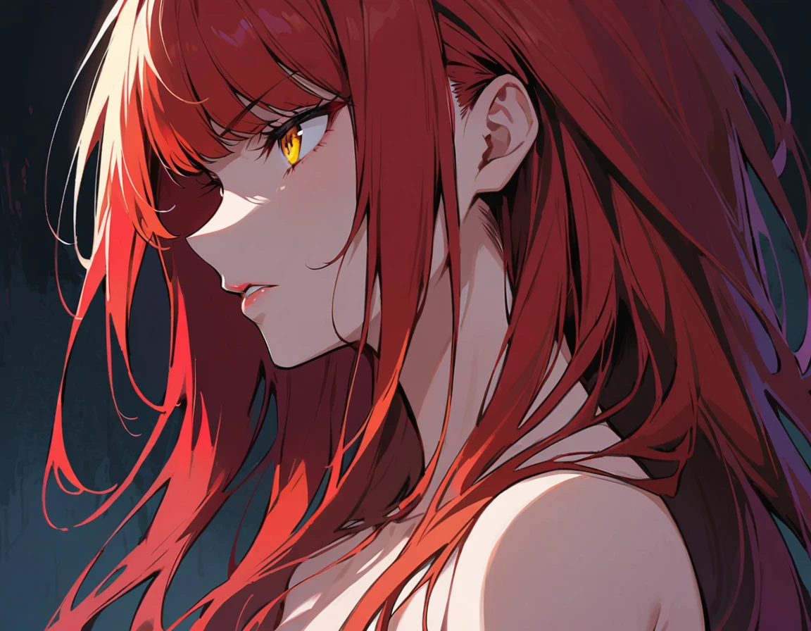Long red hair, yellow eyes, evil, sexy, black and red bodysuit, nude arms, cute hairstyle, evil face, evil, serious look, gloss lips, sinister, profile look, bloody, gloves, close up, portrait, beautiful eyes, short dress, dark place, night, sensual, straigh hair cut bangs, clear skin, evil, young 30 years girl, adult girl, solo, red, very long hair, 