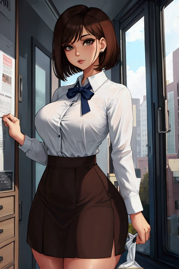 hello professional woman,chemise,Professional skirt rolled up at the hip,short brown bob,breasts big,Hold the file,Exciting appearance