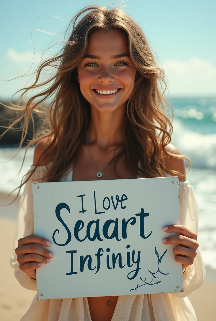 Beautiful girl with wavy long hair, bohemian dress, holding a white board with text "I Love Seaart Infinity" and showing it to the viewer
