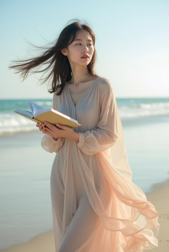 Asian woman on the beach in a flowing sheer dress, holding a book, with a gentle breeze blowing.