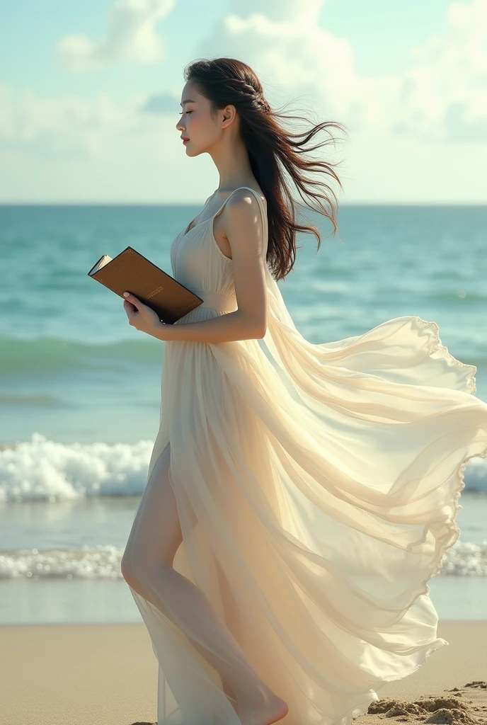 Asian woman on the beach in a flowing sheer dress, holding a book, with a gentle breeze blowing.