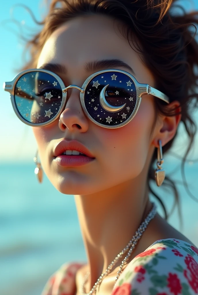 The model is wearing glass sunglasses with stars and the moon on the glass