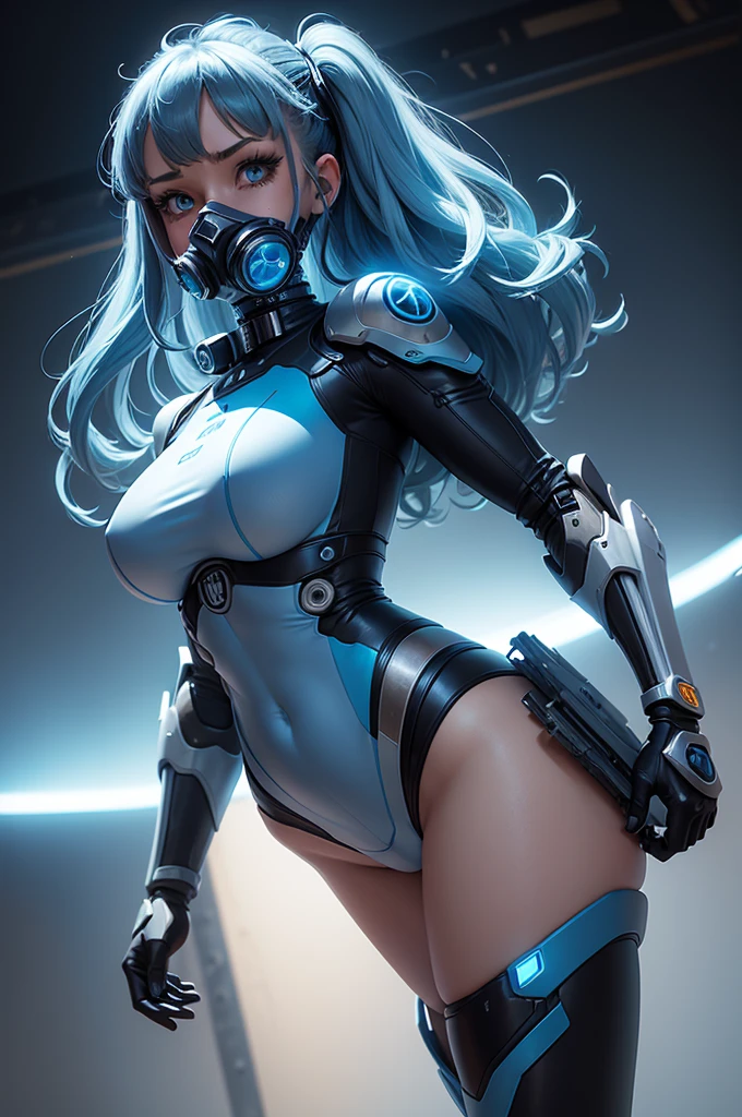 View from below angle from below girl mecha half cyborg, modifications, She has a curvy figure but a narrow waist., she has long blue hair, with blue eyes, with a gas mask on his face, cybernetic suit blue, costume parts with blue lights and LEDs, a multitude of glowing blue lines and lights, hands prosthetics, gorgeous body, short sports shorts that highlight her big wide hips, small breasts but they are covered by a mechanical suit, flat horizon photo, the background of the image is blue sky, clouds and lights and glare in large quantities, and also blue fog and smoke