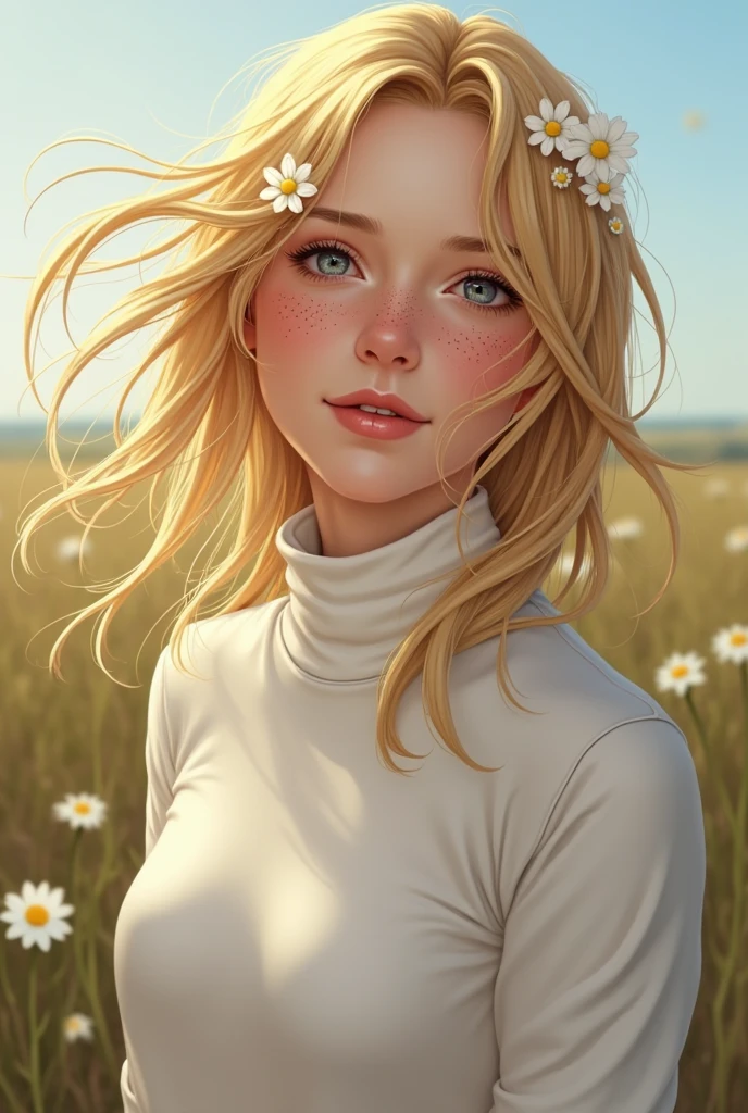 score_9, score_8_up, score_7_up, woman, blonde wild tossled hair, (freckles:1.2) , loving, caring, gentle, delicate, adorable , hair flower, white turtleneck , looking at viewer , outdoors, nature, wind