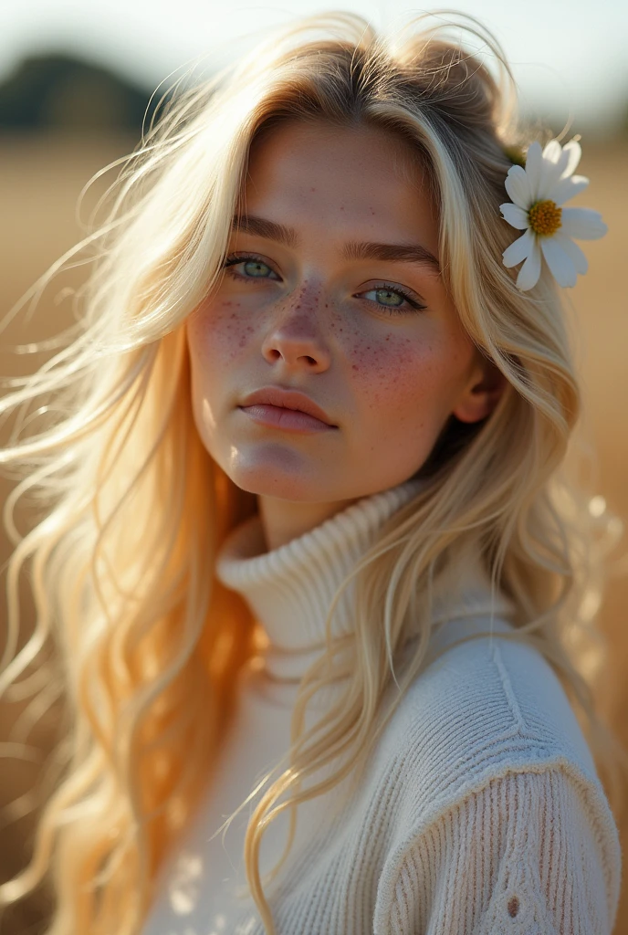 score_9, score_8_up, score_7_up, woman, blonde wild tossled hair, (freckles:1.2) , loving, caring, gentle, delicate, adorable , hair flower, white turtleneck , looking at viewer , outdoors, nature, wind