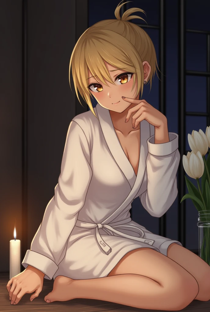 1girl, short hair, blonde hair, tied-up hair, sitting, facing viewer, kneeling, posing, looking at viewer, white bathrobe, dark living room, candle-lit, oiled skin, tan skin, night, (white tulips:1.2), close-up,