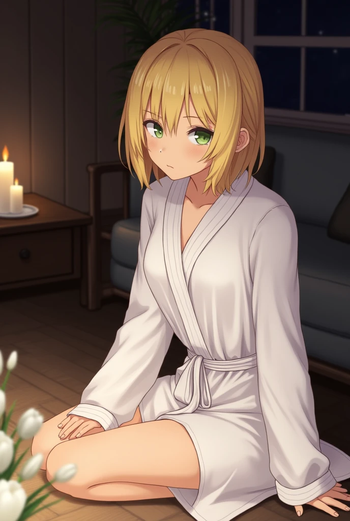 1girl, short hair, blonde hair, tied-up hair, sitting, facing viewer, kneeling, posing, looking at viewer, white bathrobe, dark living room, candle-lit, oiled skin, tan skin, night, (white tulips:1.2), close-up,