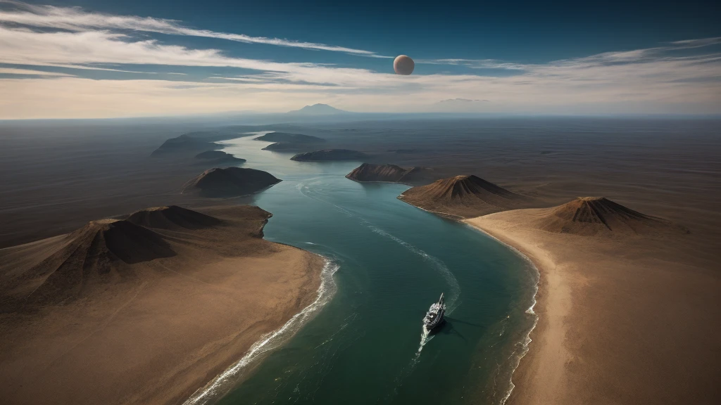 realistic photo, sci-fi, water alien planet, alien planet landscape, no land, strange water habitation structures, hydrofoil jet with space nomad, HDR, film grain, depth of field, RAW, bird's eye view