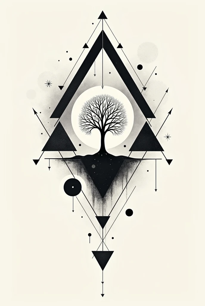 Create a tattoo with triangles and some circles other geometric shapes with a tree in the middle representing personal growth with the symbol of wealth in bold
