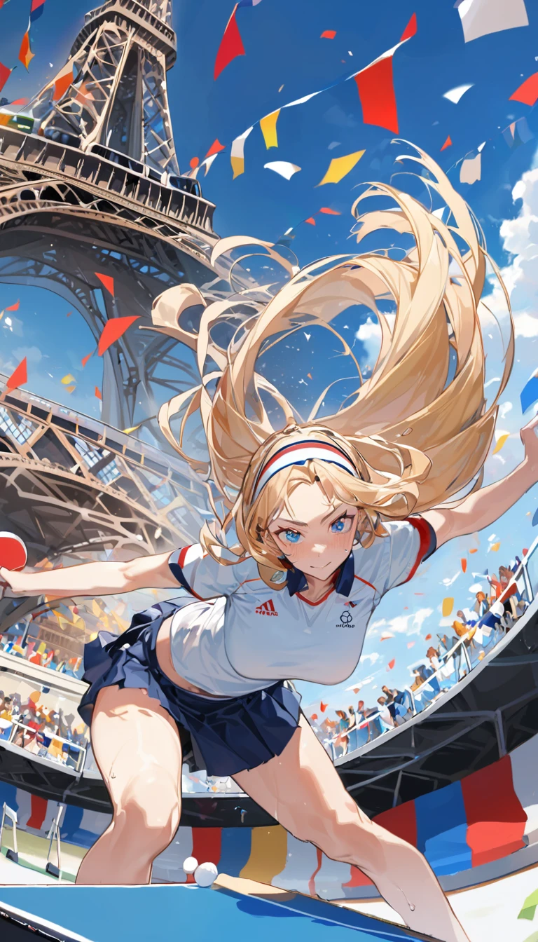 best quality, Good quality, 16K, Unbelievably ridiculous, Very detailed, 2.5D, Delicate and dynamic, Blue sky , pingpong, Table tennis competition,拿pingpong拍,Tight sportswear,pingpong拍击球,Sweat,Short skirt,Sexy的17岁女孩,挥动pingpong拍,Olympic,Olympic Games uniforms,Big ,Sexy,Swing and hit ping pong,Headband,Vision,whole body,crowd,A lot of people, Confetti, Olympic会旗, crowd, audience,Many flags,Under the Eiffel Tower,Long blond hair