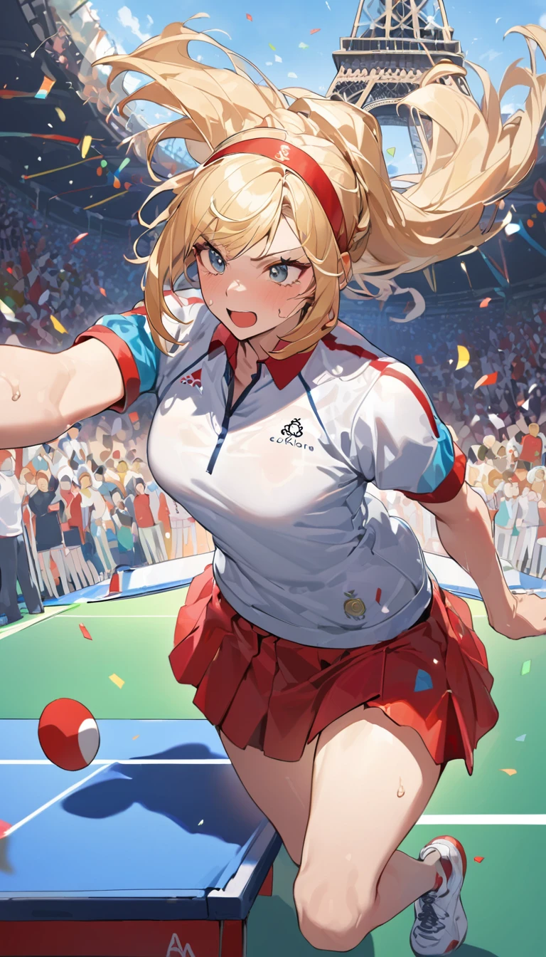 best quality, Good quality, 16K, Unbelievably ridiculous, Very detailed, 2.5D, Delicate and dynamic, Blue sky , pingpong, Table tennis competition,拿pingpong拍,Tight sportswear,pingpong拍击球,Sweat,Short skirt,Sexy的17岁女孩,挥动pingpong拍,Olympic,Olympic Games uniforms,Big ,Sexy,Swing and hit ping pong,Headband,Vision,whole body,crowd,A lot of people, Confetti, Olympic会旗, crowd, audience,Many flags,Under the Eiffel Tower,Long blond hair