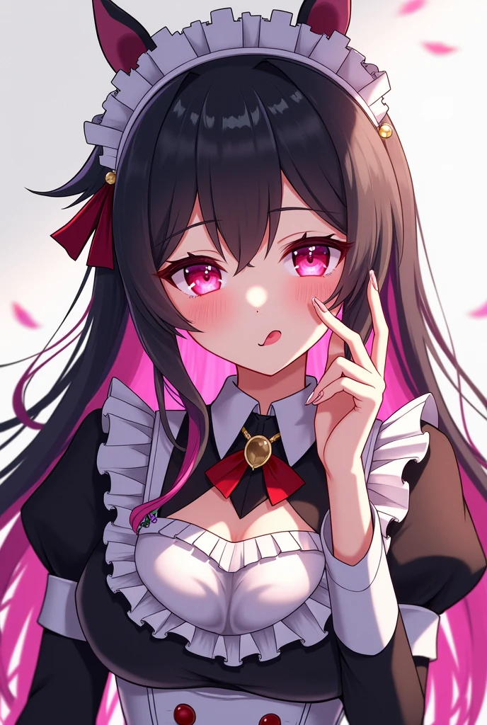 Draw Genshin Style, Adult girl, maid outfit, Black hair is long with pink tips,black bangs, perfect hands, tongue out