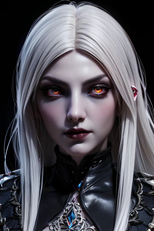 Insanely detailed photograph of a gorgeous vampire woman + indian, goth Renaissance, long voluminous white hair, intricate white eyes, fantastical, vampire, ethereal, hyperdetailed, 32k resolution, dynamic lighting, hyperdetailed, intricately detailed, trending on Artstation, triadic colors, volumetric lighting, Balenciaga Style