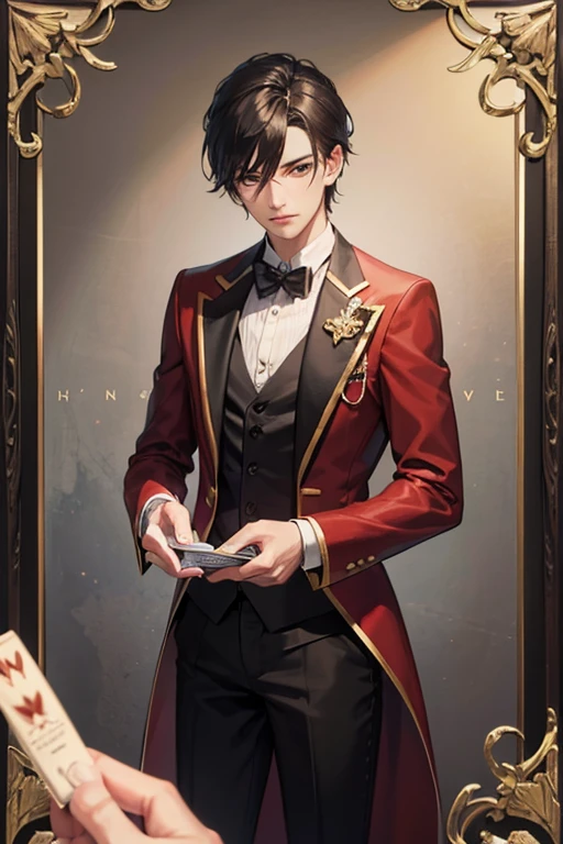 Magician holding cards,(masterpiece, best quality, high quality, high resolution, Extremely detailed),