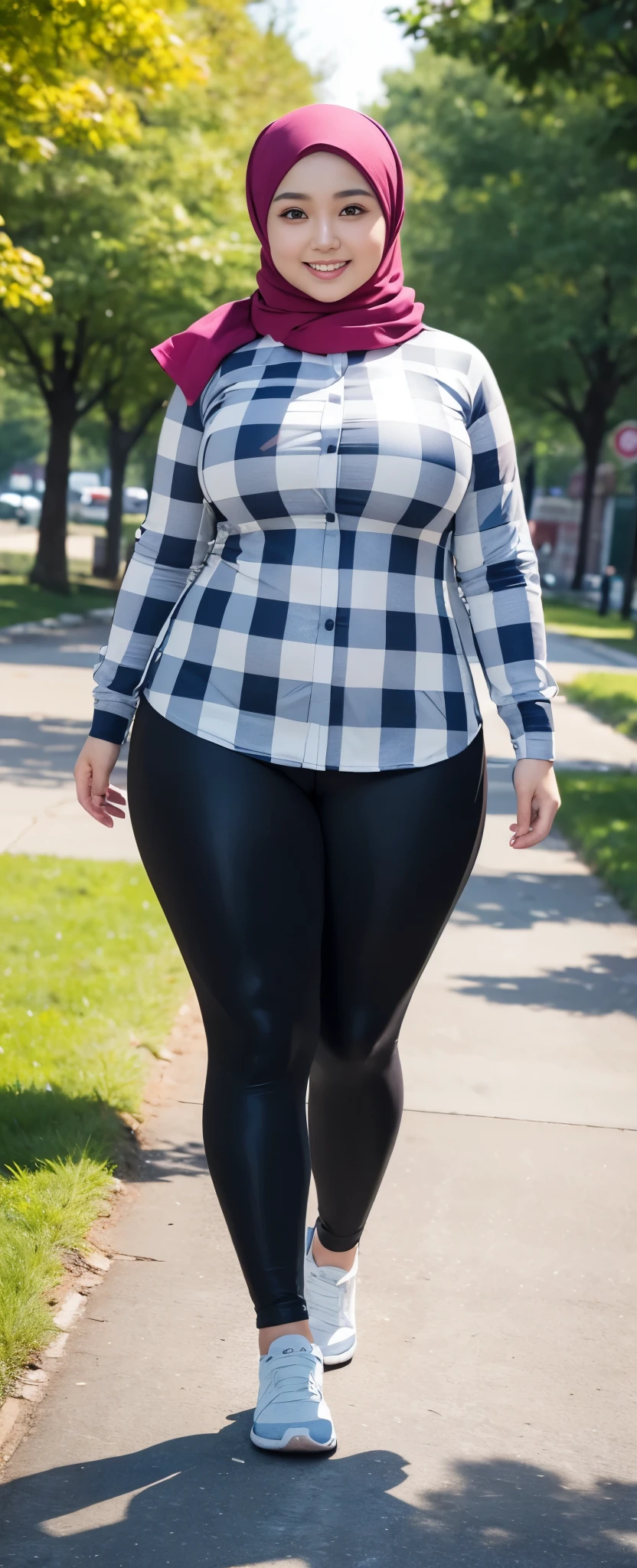 the best masterpiece, chubby hijab woman, beautiful Asian face, full breasts, wearing a checkered shirt, wearing sport leggings, walking in the city park, smiling sweetly, facial details, body details, ultra detailed, realistic quality, fullbody