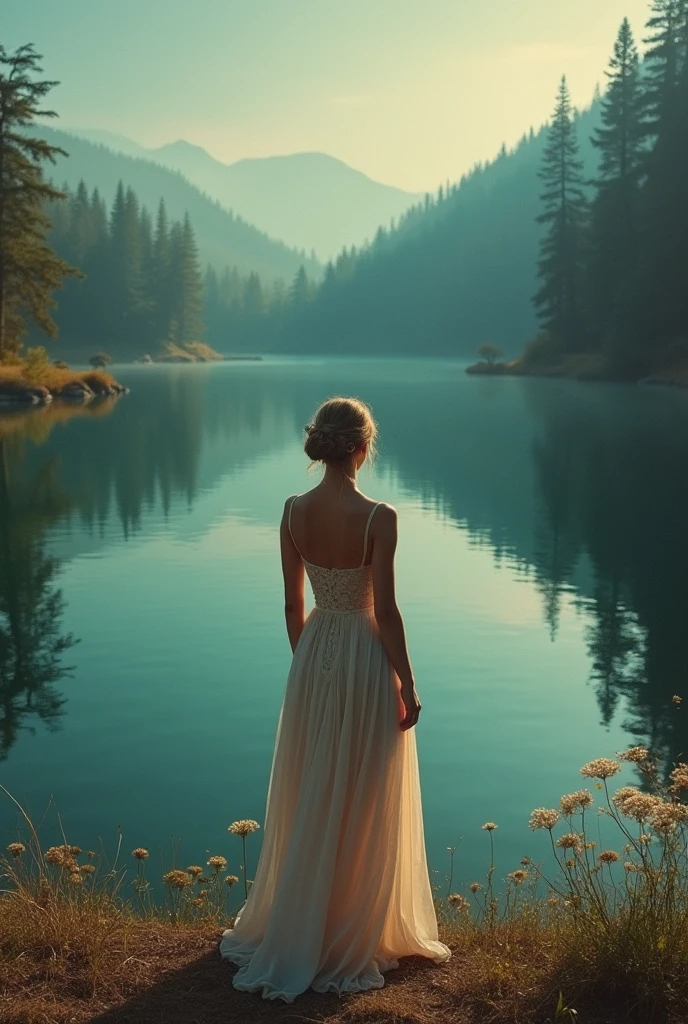 cinematic film still, a woman in a dress is standing in front of a lake and a forest in the background, Elizabeth Polunin, cinematic photography, a photorealistic painting, arabesque