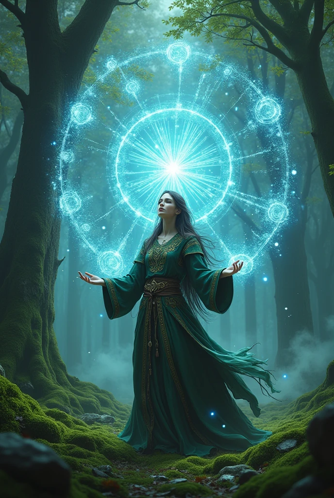 Forest Mage conjuring floating magic runes and surrounded by forest wisps