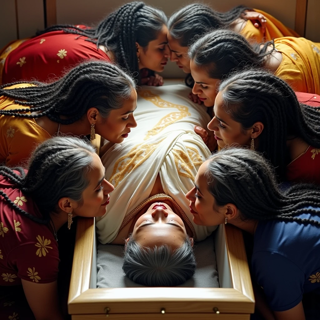 in luxerius funeral items sorrounded bright lighted modern indian funeral,death eldery 65 years old indian lady having gray-black color extremly gelled super perfect 3c curly very long hair worn white saree with pale yellow designs,another 55 years old eight eldery ladies in perfeclty cornrow braided long hairs in yellow-blue-orange-red-purple colors sarees crawling into the coffin from all round,they are really licking head scalps,breasts,hips,knees,legs,toes of death lady' body parts in wild way crawling into the coffin bend over,red lipsstick on everybody lips,really licking scalp with thier tongues in real way,They are tasting death ladies body larts their poses by their tongues,All ladies even including death lady's hair styled with 100000 liters hair oil,hairs like viscus oiled pulp,slick combed hair lines highly visible,showered with hair oil,Bathed with oil,{{{{{{Eldery,aged}}}}}}},{{{{{Wet hairs,Totaly oil wet hairs, Totaly oiled hairs}}}}},{{{{{Perfect color grading}}}}},{{{{{really licking head scalp and the body parts}}}}},{{{{{extremely wet hairs}}}}}},{{{{Extremely reflecting shine of the hair lines}}}}}},