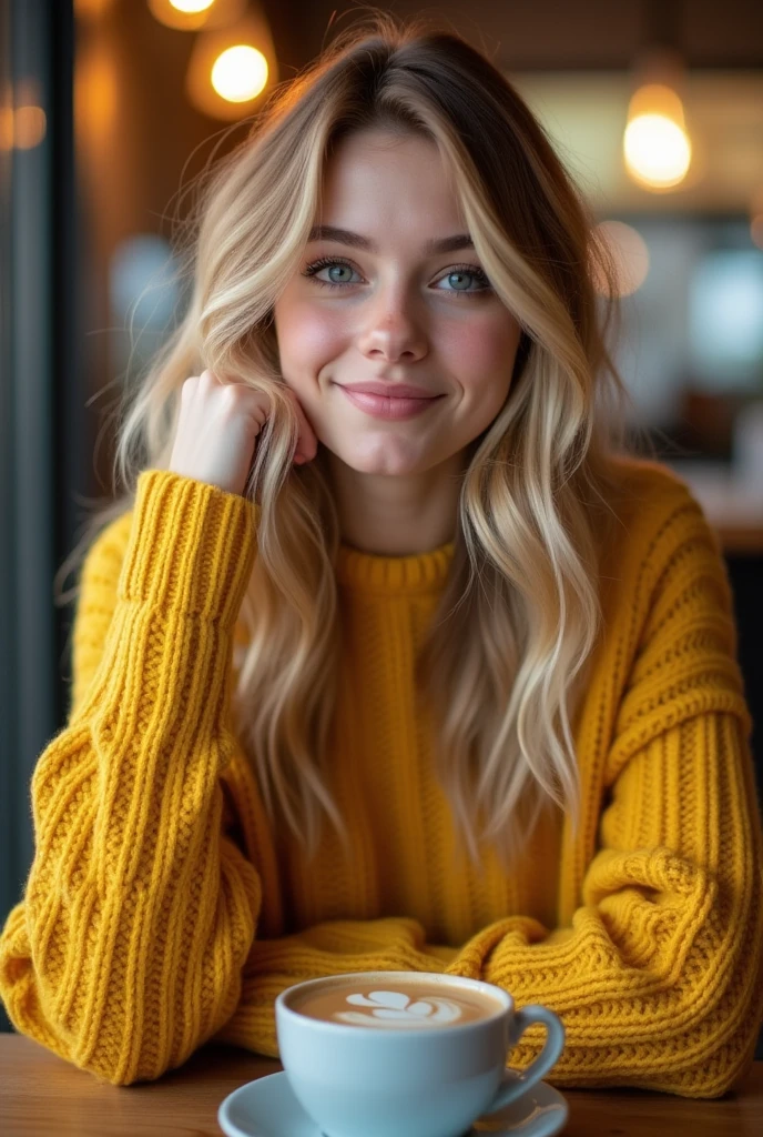 Beautiful and cute blonde in yellow sweater (Drinking coffee in a modern coffee shop at sunset), very detailled, 14歳, inoccent face, naturally wavy hair, blue colored eyes, high resolution, work of art, best qualityer, details Intricate, very detailled, sharp focus, skin detailed, realisitice Hauttextur, texture, detailedeyes, proffesional, 4K, charming smile, taken with Canon, 85mm, Light depth of field, Kodak Vision Colors, perfectly fitted body, extremely detaild, photoshot_\(ultra\), photoshotrealisitic, realisitic, Post-processing, Maximum details, roughness, real-life, ultrarealisitic, photoshotrrealismo, photoshot, 8k hd, photoshot