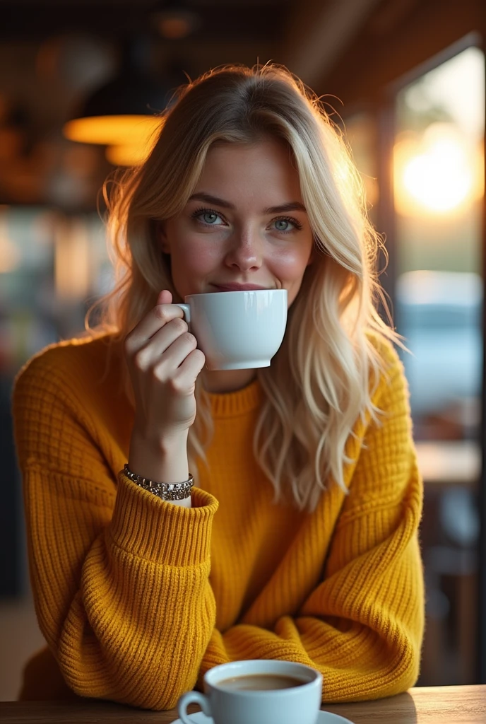 Beautiful and cute blonde in yellow sweater (Drinking coffee in a modern coffee shop at sunset), very detailled, 14歳, inoccent face, naturally wavy hair, blue colored eyes, high resolution, work of art, best qualityer, details Intricate, very detailled, sharp focus, skin detailed, realisitice Hauttextur, texture, detailedeyes, proffesional, 4K, charming smile, taken with Canon, 85mm, Light depth of field, Kodak Vision Colors, perfectly fitted body, extremely detaild, photoshot_\(ultra\), photoshotrealisitic, realisitic, Post-processing, Maximum details, roughness, real-life, ultrarealisitic, photoshotrrealismo, photoshot, 8k hd, photoshot